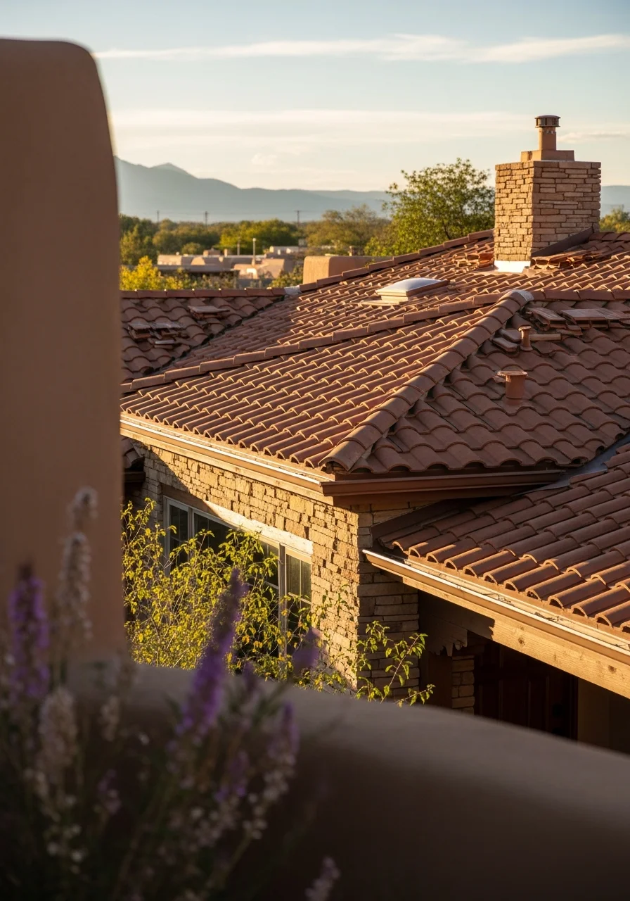 Close-up of a completed residential project in Albuquerque showing Pueblo Revival architectural details and desert landscaping.