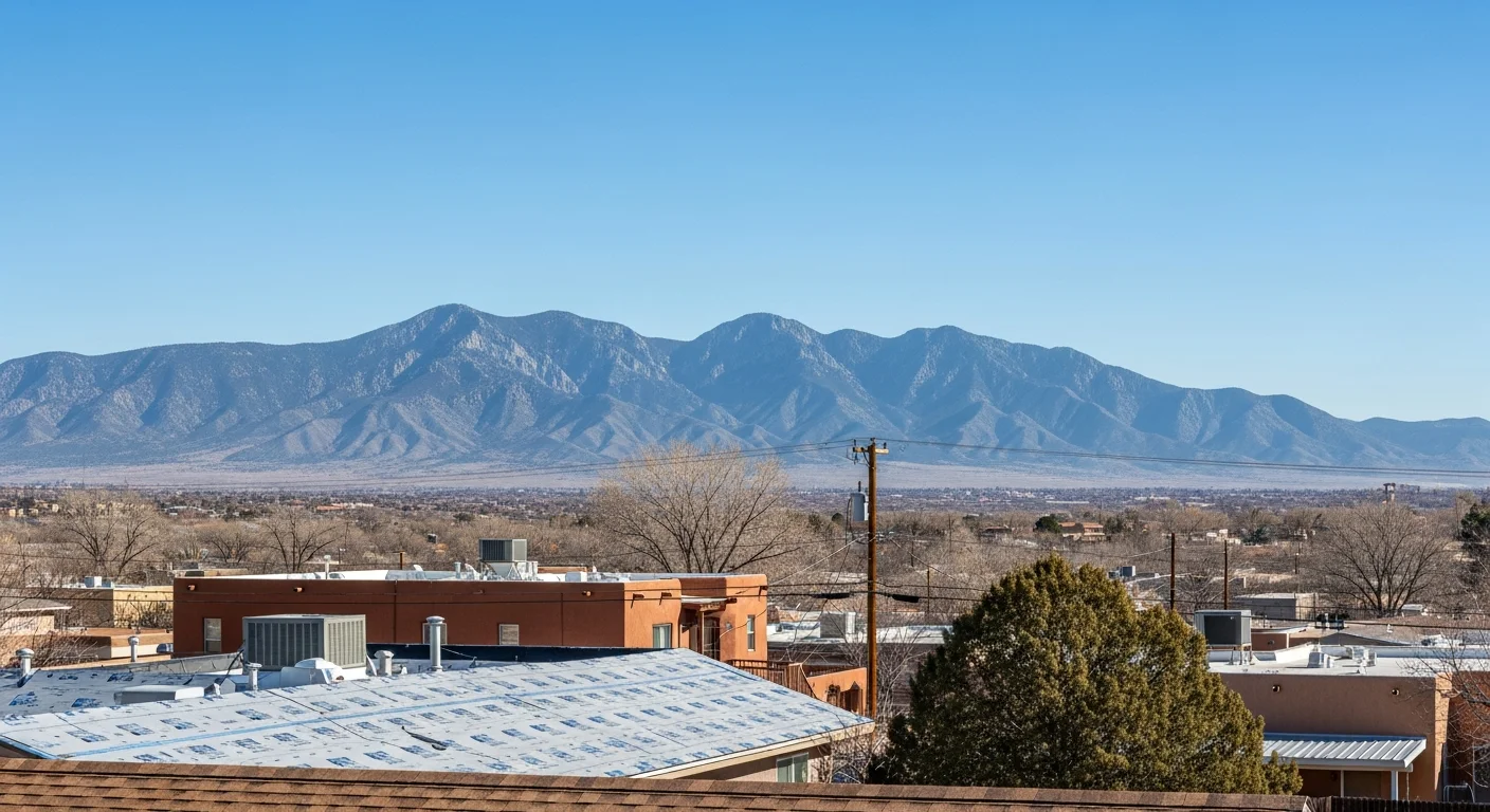 Wide view of Albuquerque's North Valley residential area with Sandia Mountains in the background under clear blue sky.