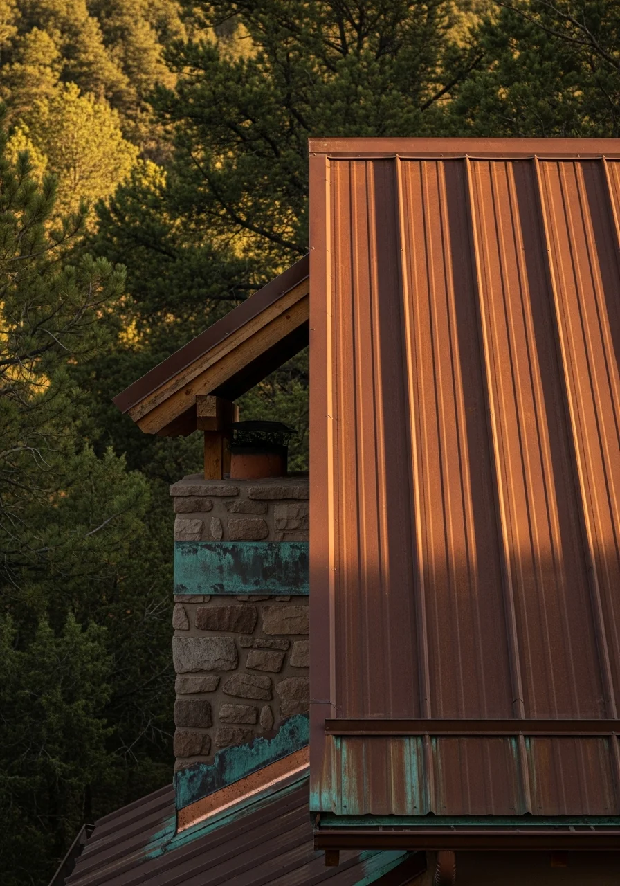 Rural northern New Mexico property with traditional architecture nestled in mountain terrain and evergreen forest.