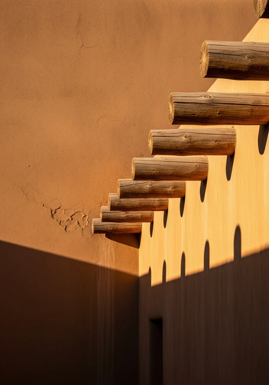 Detail of traditional Santa Fe adobe-style building with vigas and latillas showing authentic architectural elements.