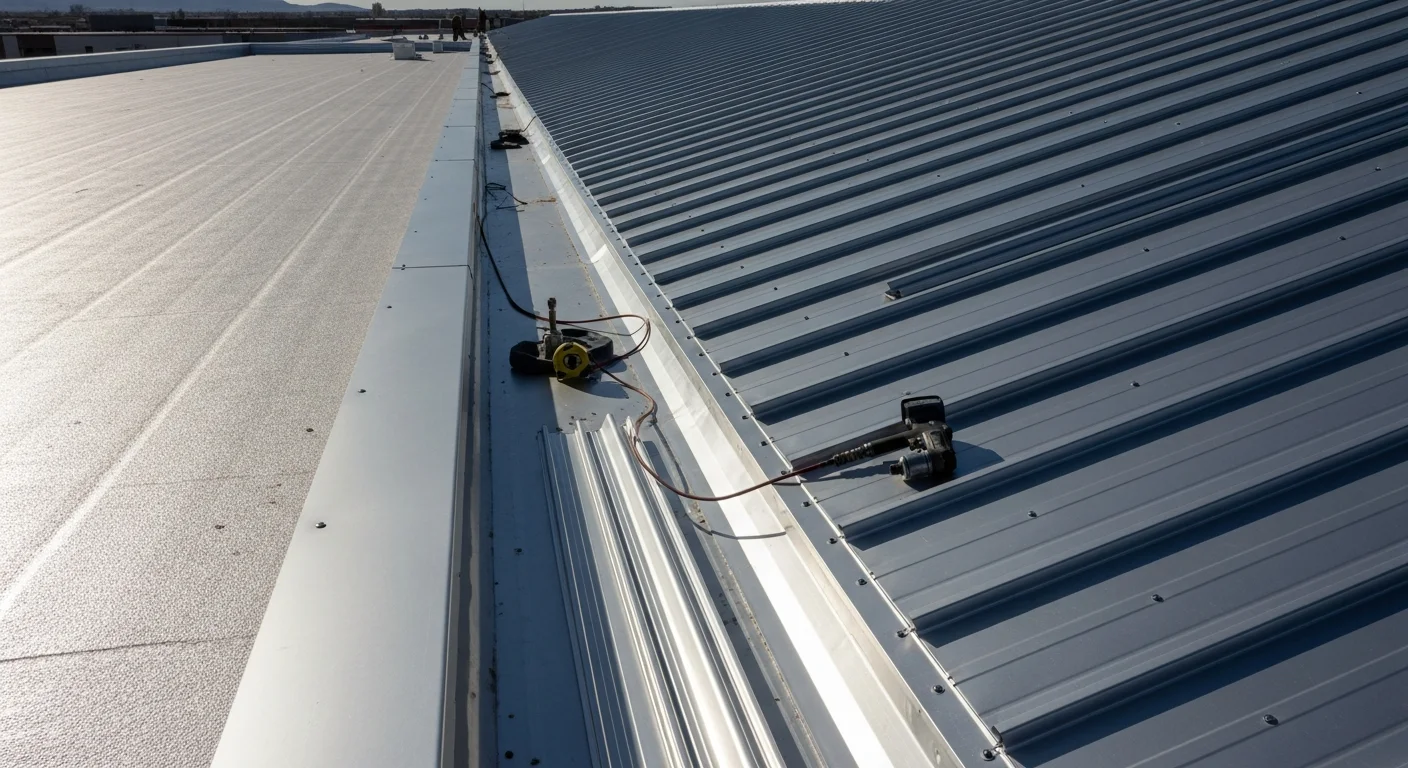 Completed commercial metal roof installation on a large flat-to-low-slope building in Albuquerque, New Mexico. Standing seam metal panels run across the full roof surface under a clear high-desert sky.