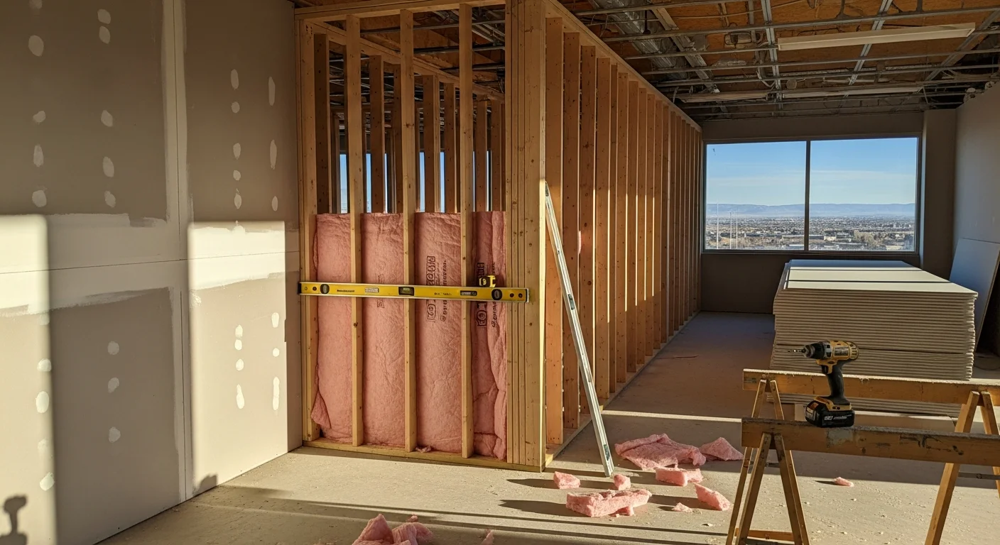 A renovated commercial interior in Albuquerque, New Mexico, showing updated wall finishes, reconfigured office layout, and new lighting installed by a general contractor. The space reflects a completed commercial remodeling project in the Albuquerque metro area.