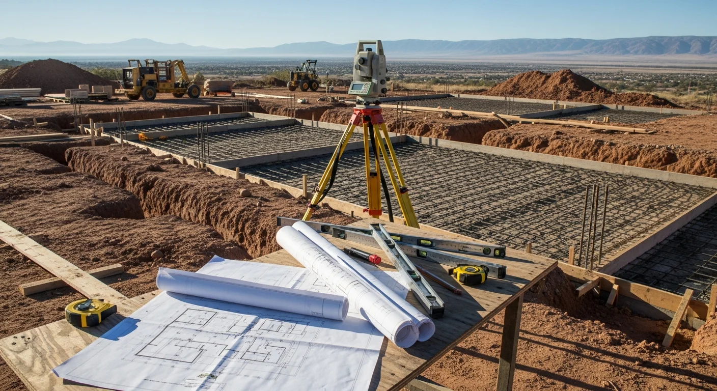 A newly completed custom construction project in Albuquerque, New Mexico, showing a finished residential structure with clean framing and exterior work against a high desert backdrop. The build reflects site-specific planning suited to the Albuquerque metro area.