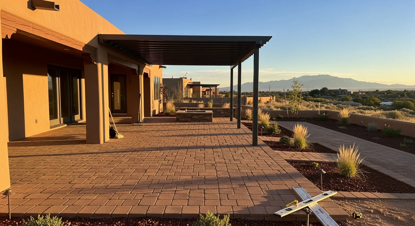 A finished custom outdoor living space at an Albuquerque residential property, featuring a covered patio with a fire feature and xeriscape planting along the hardscape edge. The design reflects the high-desert setting with drought-tolerant ground cover and a shade structure suited to the New Mexico climate.
