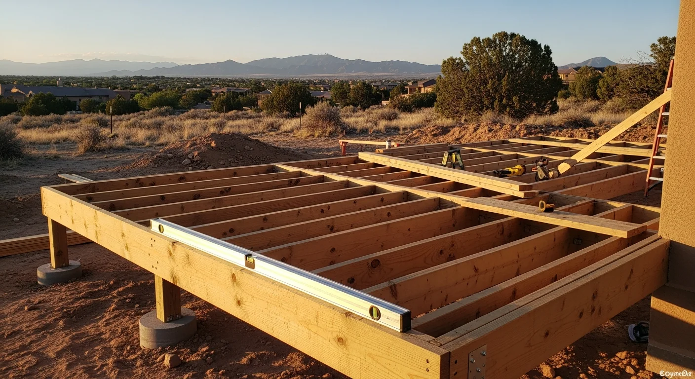 A newly constructed wood-frame deck attached to the back of an Albuquerque home, with railing installed and a clear view of the high-desert landscape. The deck surface shows clean board spacing and solid post footings suited to the sloped yard.