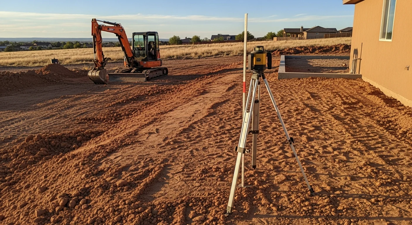 A freshly graded residential lot in Albuquerque, New Mexico, showing smooth, compacted soil sloped away from a home's foundation. An excavation machine sits to the side after completing slope correction work on a high desert property.