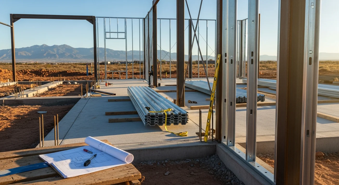 A completed metal building with a steel panel exterior on a flat high-desert lot in the Albuquerque area. The structure shows a clear-span commercial configuration under a wide New Mexico sky.