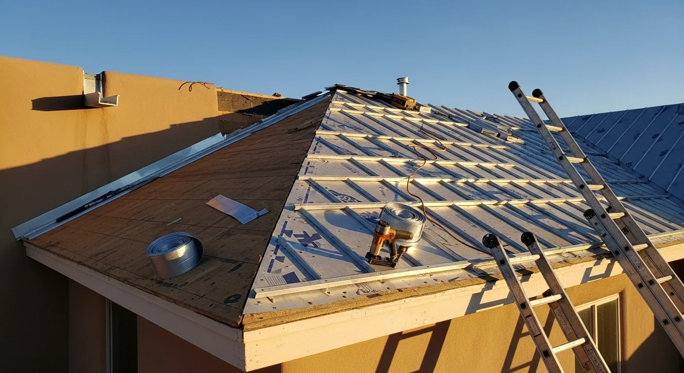 A completed metal roof installation on a residential home in Albuquerque, New Mexico, showing clean standing-seam panels against a clear high-desert sky. The roof sits above a pueblo-style exterior with the Sandia Mountains visible in the background.