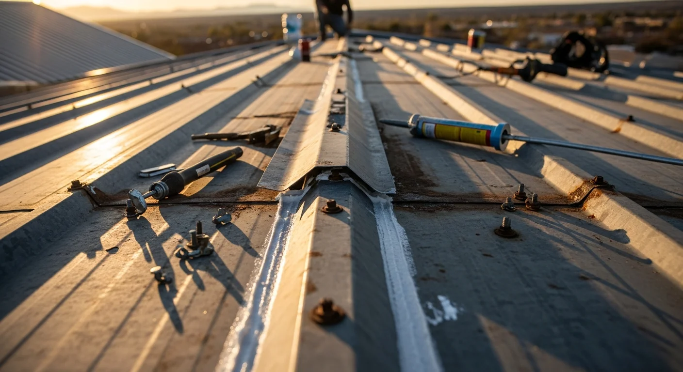 A metal roof on an Albuquerque residential property showing completed seam and fastener repairs with restored panel surfaces. A Ridgetop Roofing Inc technician inspects the finished repair area against a clear New Mexico sky.