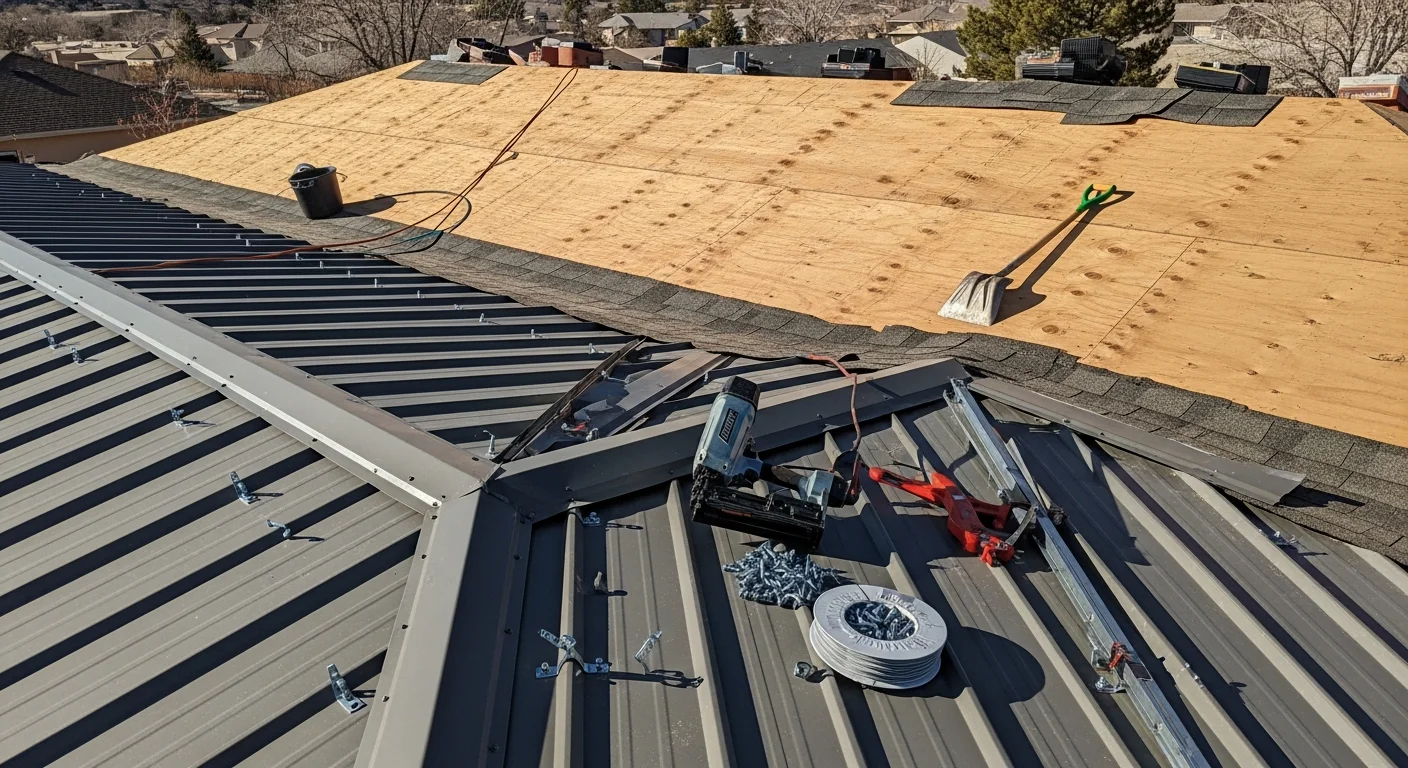 A completed metal roof replacement on a single-family home in Albuquerque, New Mexico, showing clean panel lines and a desert-toned finish under bright high-altitude sunlight. The surrounding landscape reflects the dry, sun-exposed conditions common across the Albuquerque metro area.