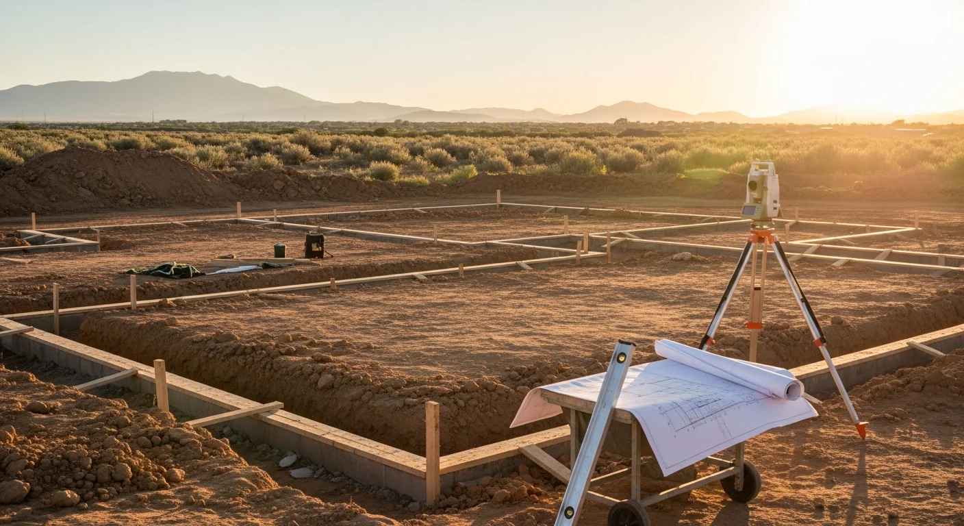 A newly constructed home in Albuquerque, New Mexico, with stucco exterior walls and a finished roof against a clear high-desert sky. The surrounding site shows completed grading and a clean foundation perimeter typical of new builds in the Albuquerque metro area.