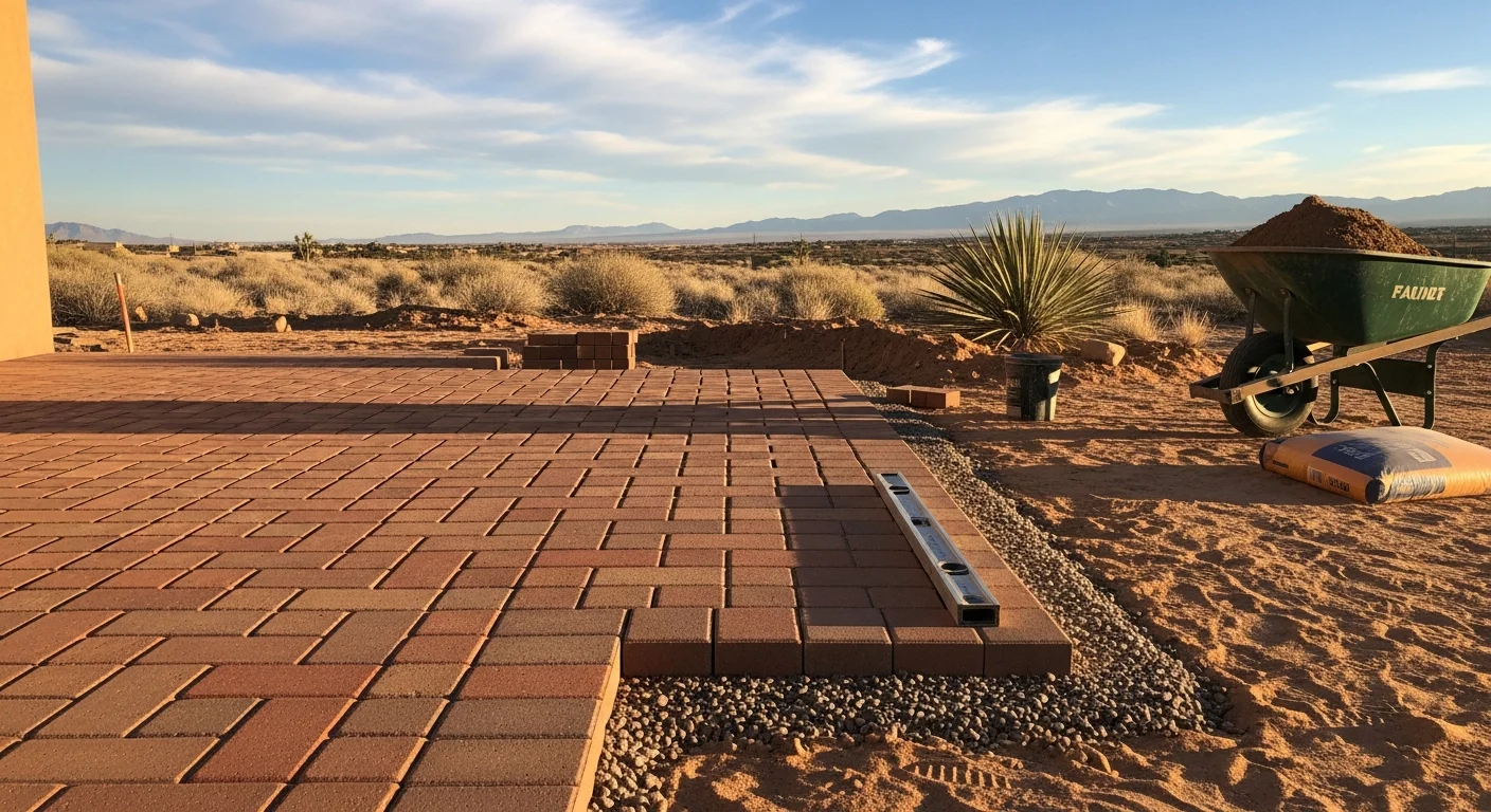 A finished backyard patio installation by Ridgetop Roofing Inc in Albuquerque, New Mexico, showing a clean hardscape surface with defined outdoor zones set against a desert landscape. The patio reflects a layout designed for the high-desert climate with attention to drainage and sun exposure.