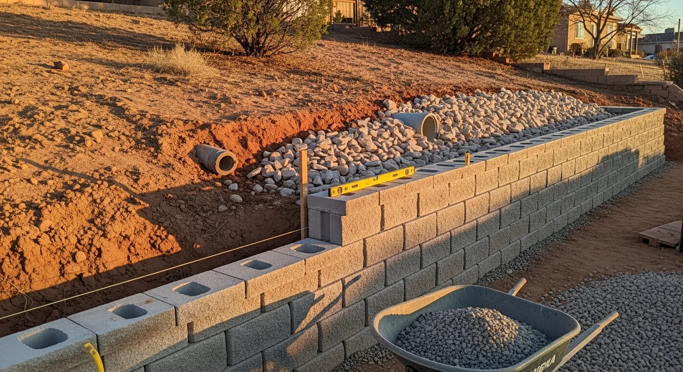 A newly constructed retaining wall on a sloped residential property in Albuquerque, New Mexico, with level terraced ground behind it and a dry-stacked block face. The surrounding landscape shows desert soil and gravel typical of the Albuquerque area.