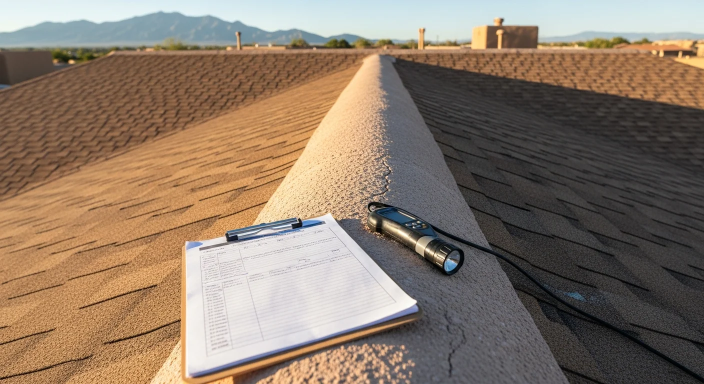 A Ridgetop Roofing Inc technician inspecting a flat stucco home roof in Albuquerque, New Mexico, checking parapet flashing and membrane condition under clear high-desert skies. Close-up view shows granule loss and UV wear on the roof surface typical of Albuquerque's high-altitude climate.