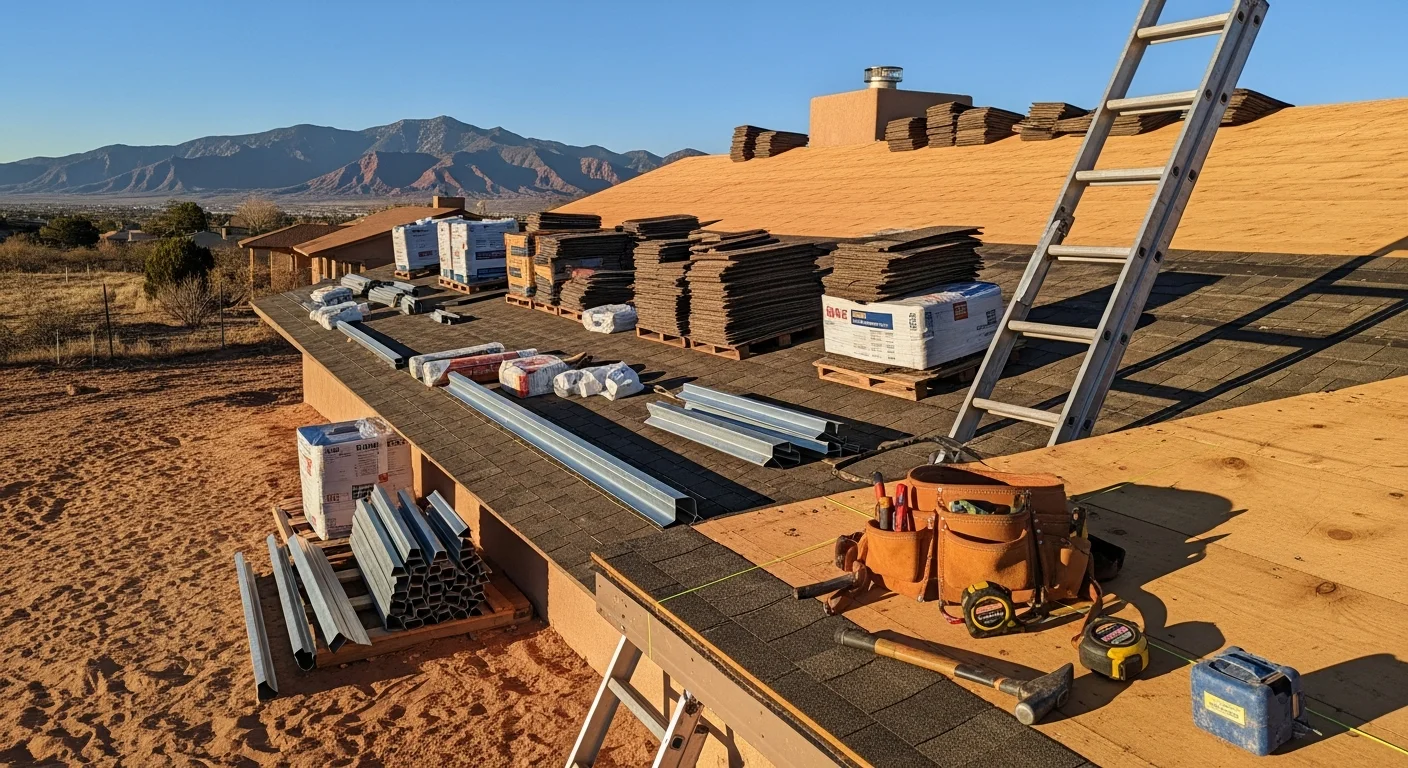 Excavation contractor grading and leveling a residential construction lot in Albuquerque, New Mexico, with cleared soil and compacted subgrade visible. Heavy equipment positions the site for foundation work on a high desert terrain with the Sandia Mountains visible in the background.