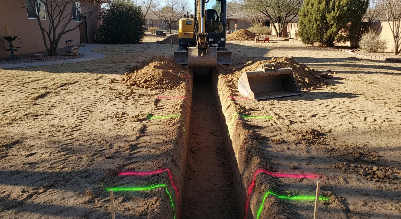 A clean, narrow trench cut through dry, caliche-heavy soil at an Albuquerque residential property, with exposed conduit laid along the trench floor ready for backfill. A compact trenching machine sits alongside the excavation line with minimal surrounding yard disturbance.
